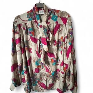 XL viintage 80s relaxed flowing silk blouse colorful bold floral